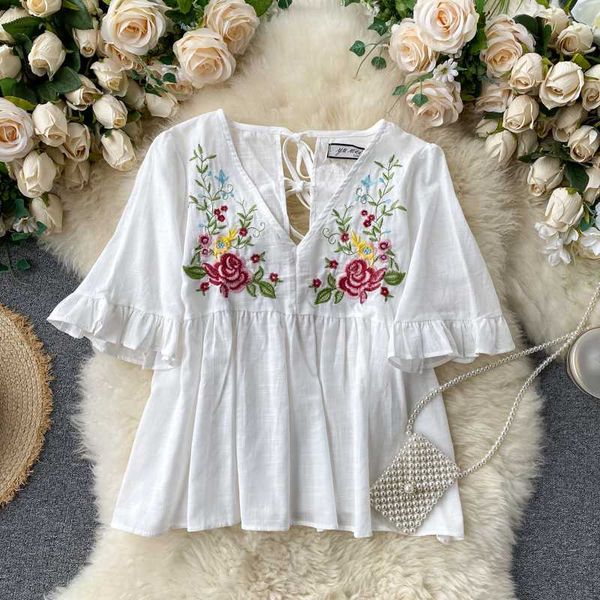 summer women blouse sweet embroidered v-neck ruffles flouncing hollow-out pullover shirt ladies drawstring loose blouse, White
summer women blouse sweet embroidered v-neck ruffles flouncing hollow-out pullover shirt ladies drawstring loose blouse, White
