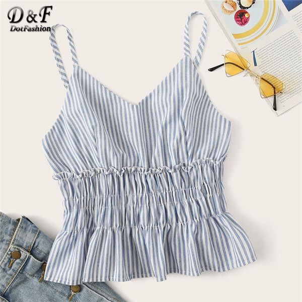 

dotfashion blue striped shirred ruffle hem cami for women 2019 summer crop boho camisole female spaghetti strap vest, White