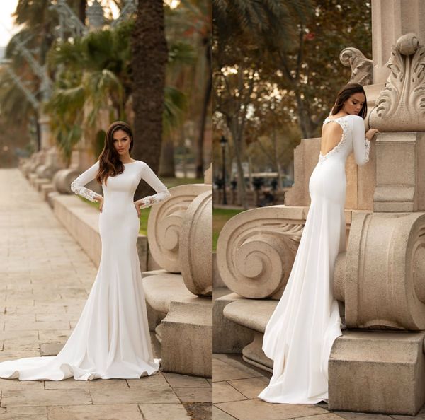 2020 mermaid wedding dresses jewel long sleeves lace appliques satin bridal gowns custom made hollow back sweep train wedding dress, White
2020 mermaid wedding dresses jewel long sleeves lace appliques satin bridal gowns custom made hollow back sweep train wedding dress, White