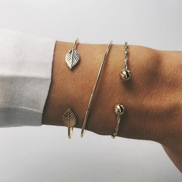 women's fashion personality leaf open bead gold three-piece bracelet retro simple adjustable size bracelet jewelry set, Black
women's fashion personality leaf open bead gold three-piece bracelet retro simple adjustable size bracelet jewelry set, Black