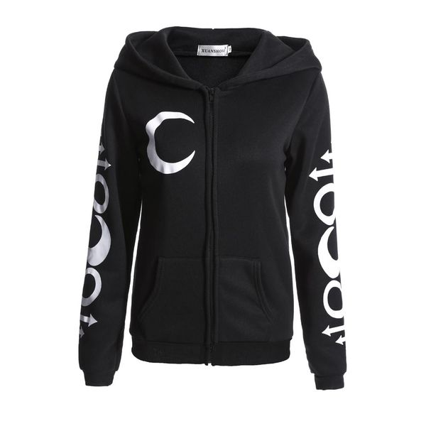 women hoodies punk moon letters printed sweatshirts winter autumn long sleeve jacket zipper coat new slim, Black