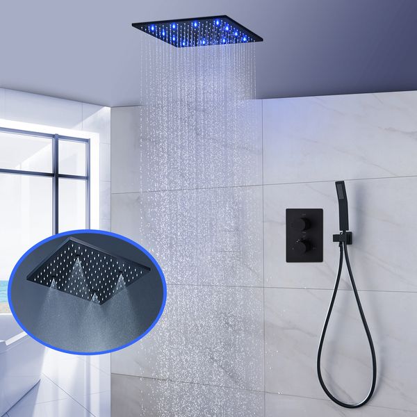 

Bathroom Black Shower System 16inches/20inches Ceiling SPA Mist Rainfall Showerhead Panel 3ways Thermostatic Mixer LED Shower Faucets