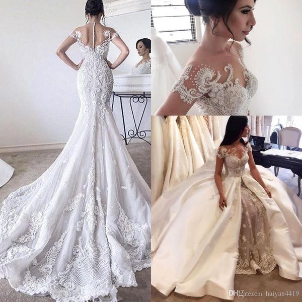 2020 luxury mermaid wedding dresses jewel neck lace appliqued beaded cap sleeves sheer detachable train overskirts plus size bridal gowns, White
2020 luxury mermaid wedding dresses jewel neck lace appliqued beaded cap sleeves sheer detachable train overskirts plus size bridal gowns, White