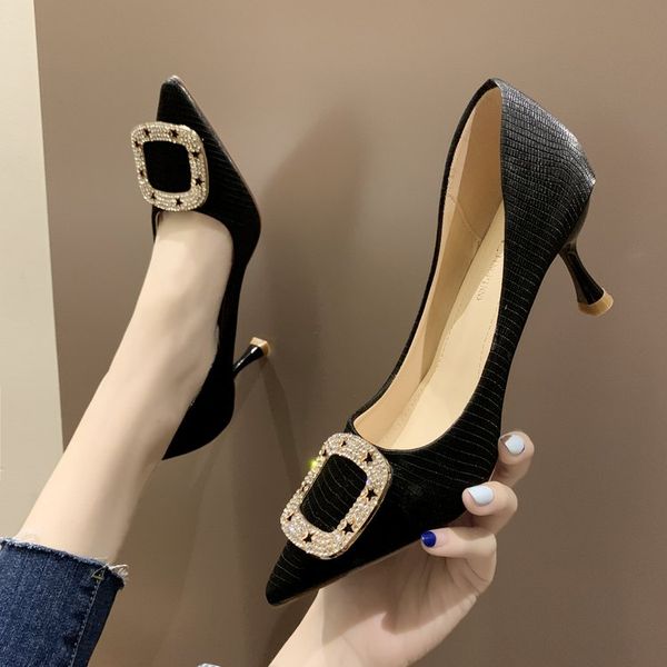 2019 new fashion fine with wild square buckle pointed shallow mouth single shoes women, Black
2019 new fashion fine with wild square buckle pointed shallow mouth single shoes women, Black