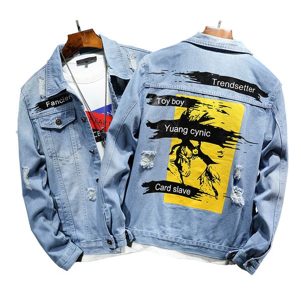 large size spring denim clothing men's autumn self cultivation letter printed denim jacket male youth korean hole jacket, Black;brown
large size spring denim clothing men's autumn self cultivation letter printed denim jacket male youth korean hole jacket, Black;brown