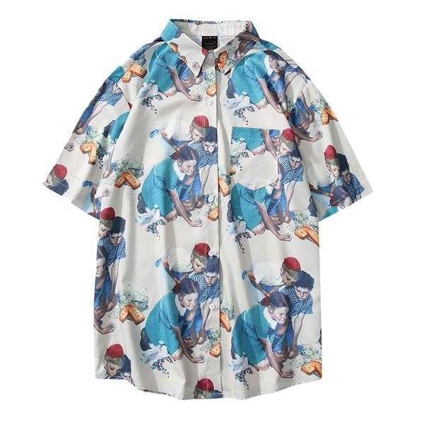 womail 2019 new arrivals shirt men short sleeve loose mens fashion summer turn-down collar casual printed hawaiian shirt, White;black