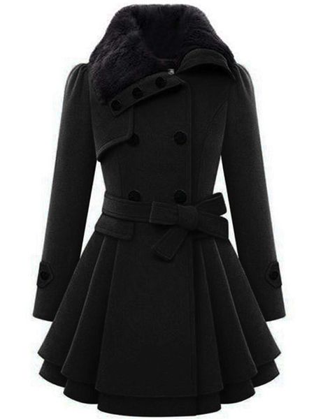women's fashion faux fur lapel double-breasted thick wool trench coat jacket, Black
women's fashion faux fur lapel double-breasted thick wool trench coat jacket, Black