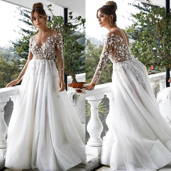 2019 a line lace wedding dresses appliques sheer long sleeve sweep train boho wedding dress jewel neck custom made country bridal gowns, White
2019 a line lace wedding dresses appliques sheer long sleeve sweep train boho wedding dress jewel neck custom made country bridal gowns, White
