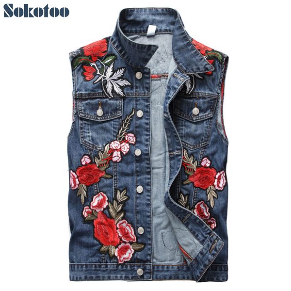sokotoo men's flower embroidery beauty patch blue denim vest fashion rose floral embroidered slim tank top, Black;white
sokotoo men's flower embroidery beauty patch blue denim vest fashion rose floral embroidered slim tank top, Black;white
