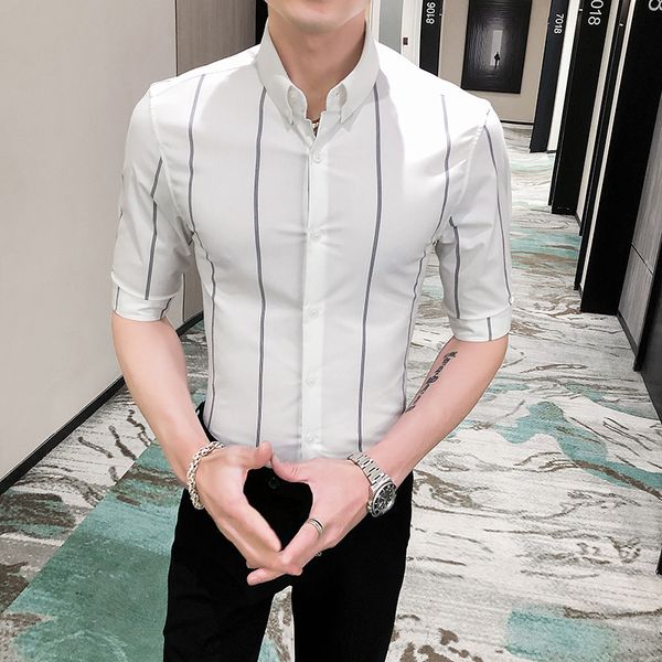 british style 2020 summer men striped shirt half sleeve fashion slim fit social shirts for men business formal wear blouse, White;black
british style 2020 summer men striped shirt half sleeve fashion slim fit social shirts for men business formal wear blouse, White;black