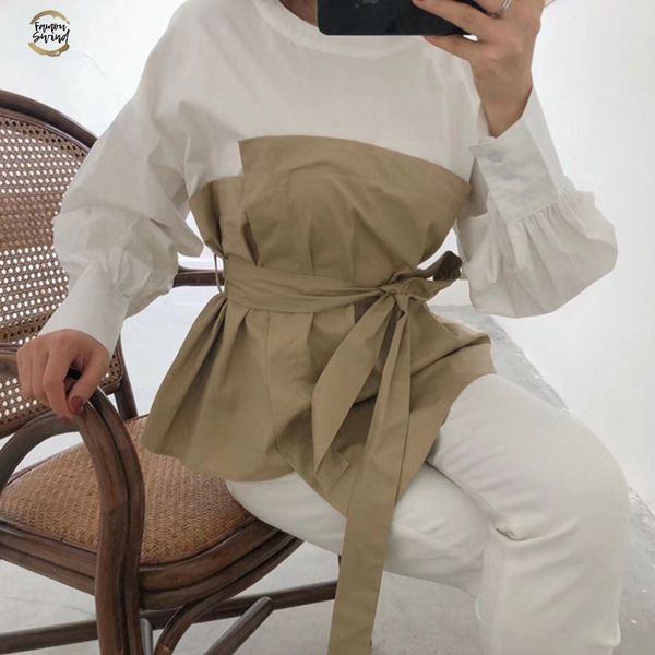 patchwork female high waist lace up lantern long sleeve fake two piece set womens shirt blouse korean fashion, White
patchwork female high waist lace up lantern long sleeve fake two piece set womens shirt blouse korean fashion, White