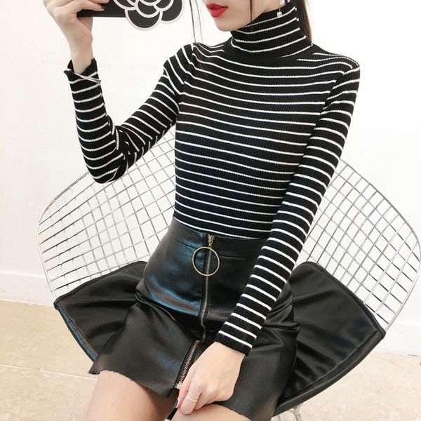 women sweater knitted turtleneck striped chic long sleeve 2019 new fashion autumn winter korean sweater female jumper pullover, White;black
women sweater knitted turtleneck striped chic long sleeve 2019 new fashion autumn winter korean sweater female jumper pullover, White;black