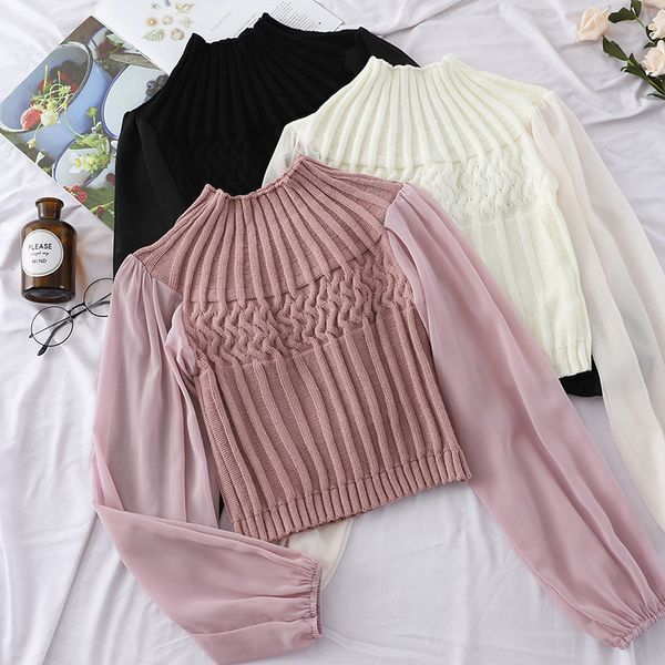 autumn women turtleneck knitted pullovers chiffon patchwork sweater ladies bottoming lantern sleeve knitwear short ab1135, White;black
autumn women turtleneck knitted pullovers chiffon patchwork sweater ladies bottoming lantern sleeve knitwear short ab1135, White;black