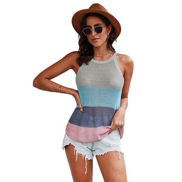 women's tank summer casual mix-colors round neck sleeveless knitted ladies vest, White
women's tank summer casual mix-colors round neck sleeveless knitted ladies vest, White