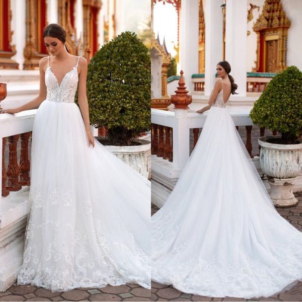 spaghetti neck a line lace applique wedding dresses sleeveless backless court train bridal dress plus size country boho wedding gowns, White
spaghetti neck a line lace applique wedding dresses sleeveless backless court train bridal dress plus size country boho wedding gowns, White