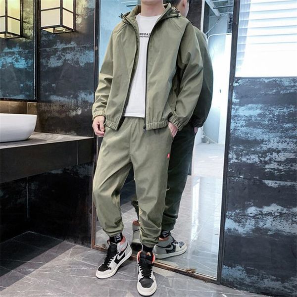 spring 2020 men's hooded jacket+pants 2pc sets workwear tide card loose pocket black coat& long pants male streetwear clothing, Gray