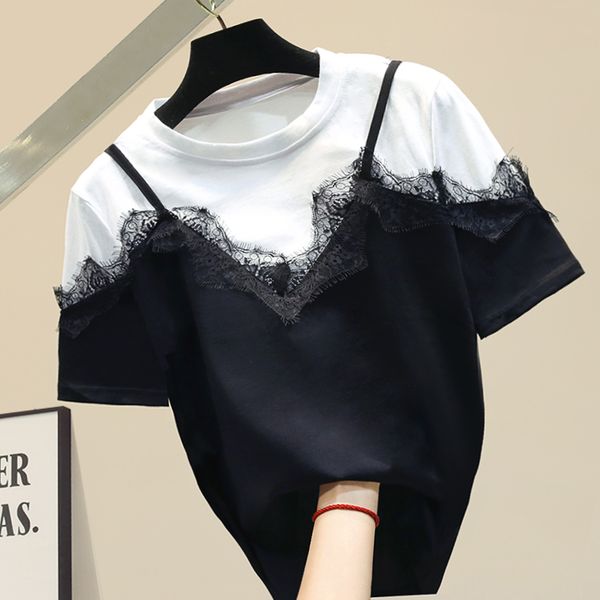 two fake white and black cotton t-shirts for women short sleeved loose-fitting t-shirt girls tees 2020 new summer t-shirts 
two fake white and black cotton t-shirts for women short sleeved loose-fitting t-shirt girls tees 2020 new summer t-shirts