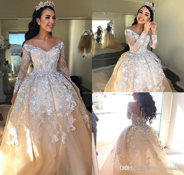2019 off shoulder wedding dress champagne ball gown long sleeve lace appliques church formal bride bridal gown plus size custom made, White
2019 off shoulder wedding dress champagne ball gown long sleeve lace appliques church formal bride bridal gown plus size custom made, White