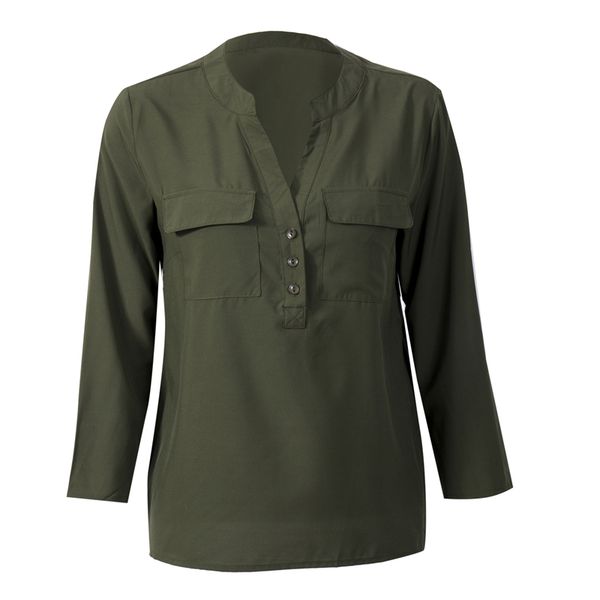 solid black and army green women blouse v-neck long sleeve single breasted pocket casual slim casual polyester blouse, White
solid black and army green women blouse v-neck long sleeve single breasted pocket casual slim casual polyester blouse, White