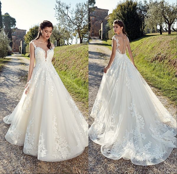 2019 sheer neck wedding dresses illusion back lace appliques a line bridal gown floor length tulle robe de mariee, White
2019 sheer neck wedding dresses illusion back lace appliques a line bridal gown floor length tulle robe de mariee, White