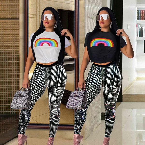 a6214 european and american women's two piece sets rainbow short-sleeved sequins + trousers fashion two-piece suit, White
a6214 european and american women's two piece sets rainbow short-sleeved sequins + trousers fashion two-piece suit, White