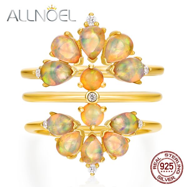 

allnoel solid 925 sterling silver stacking ring for women bridal set natural opal rose quartz turquoise gemstone luxury jewelry, Golden;silver