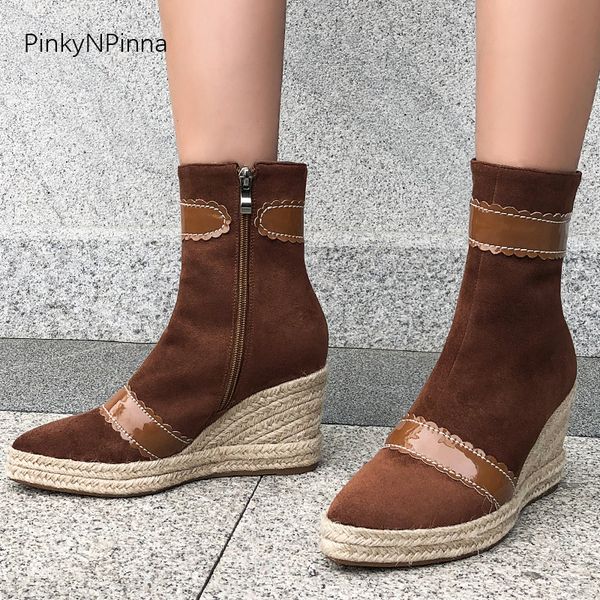 2019 new arrival women winter ankle boots super high heels wedges platform hemp bottom soft suede flock warm plush ladies short booties, Black
2019 new arrival women winter ankle boots super high heels wedges platform hemp bottom soft suede flock warm plush ladies short booties, Black