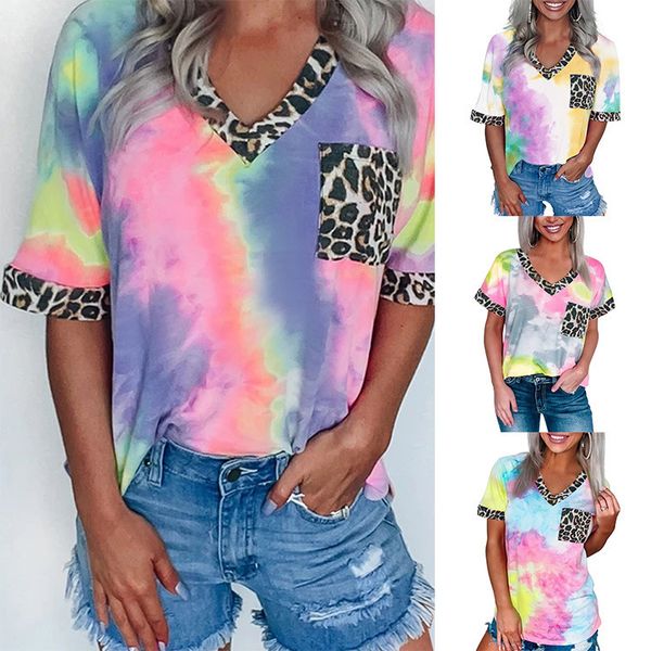 женские блузки одежда tie-краситель печататься радуга градиент леопард сыпучие рубашка с коротким рукавом повседневная мода дизайнер тройник, White 
женские блузки одежда tie-краситель печататься радуга градиент леопард сыпучие рубашка с коротким рукавом повседневная мода дизайнер тройник, White