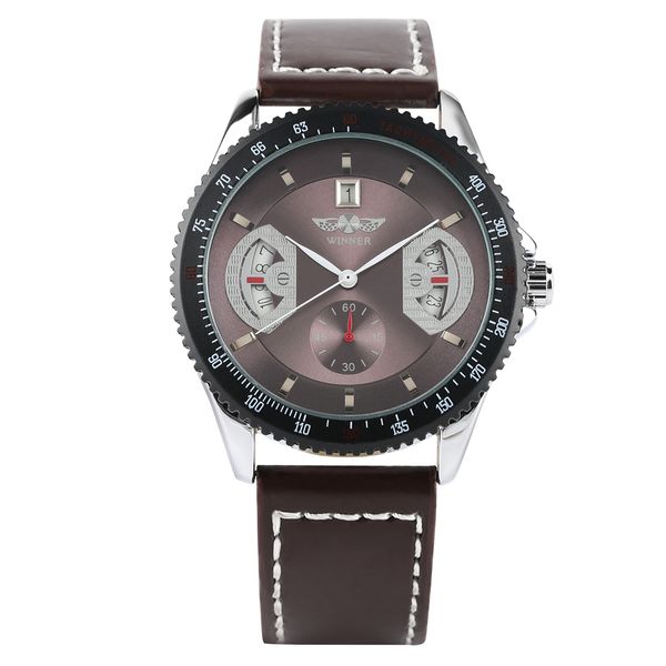 man automatic self-wind classic mechanical wristwatch with elegant brown leather watchband luxury calendar display fashion watch, Slivery;brown
man automatic self-wind classic mechanical wristwatch with elegant brown leather watchband luxury calendar display fashion watch, Slivery;brown