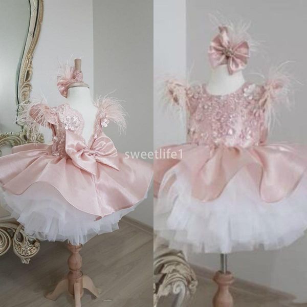 pink 2020 flower girl dresses cap sleeves lace feather knee length little girl wedding dresses elegant child pageant dress, White;blue 
pink 2020 flower girl dresses cap sleeves lace feather knee length little girl wedding dresses elegant child pageant dress, White;blue