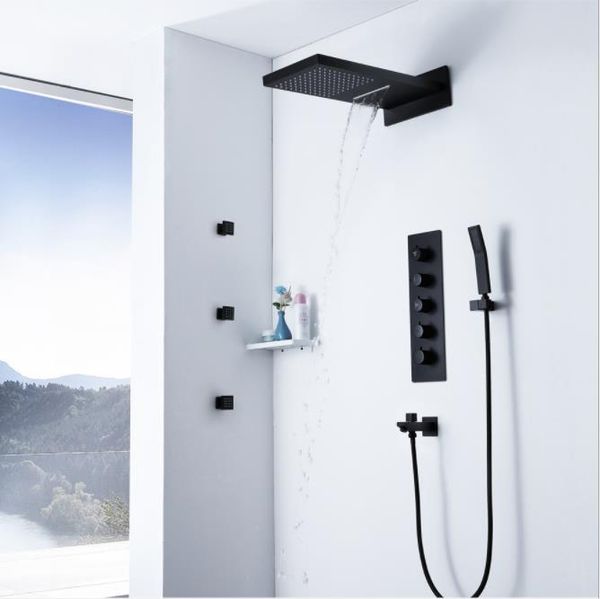 thermostatic black rainfall shower systems concealed shower head massage waterfall faucets 2 inch body spray jets for bathroom shower set
thermostatic black rainfall shower systems concealed shower head massage waterfall faucets 2 inch body spray jets for bathroom shower set