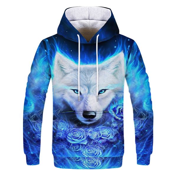 mens designer blue fox 3d digital printing sweater with hat, Black 
mens designer blue fox 3d digital printing sweater with hat, Black