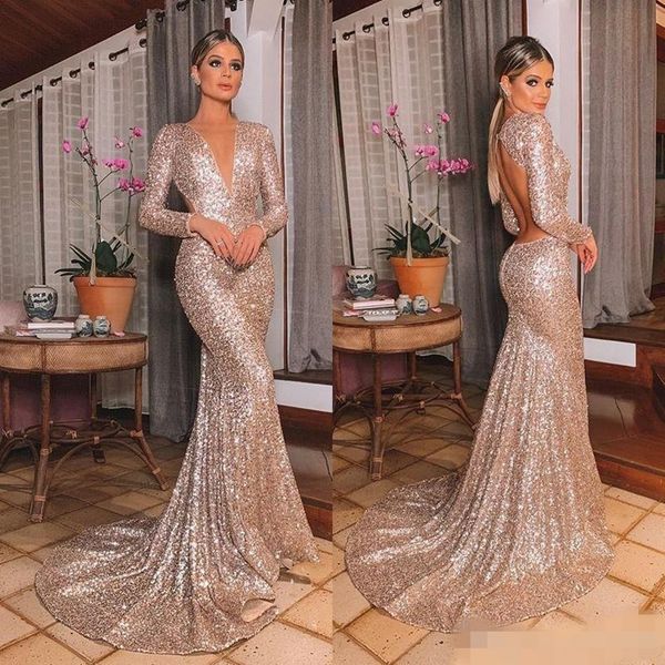 backless prom dresses sparkly rose gold sequins deep v neck mermaid sweep train long sleeves custom made formal evening gown, Black
backless prom dresses sparkly rose gold sequins deep v neck mermaid sweep train long sleeves custom made formal evening gown, Black
