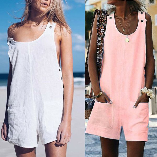 

Fashion Women Sleeveless Linen V-Neck Pockets Rompers Summer New Ladies Solid Playsuits Holiday Casual Playsuit Plus Size
