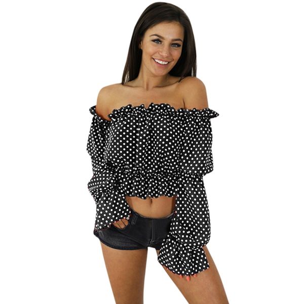 women new fashion summer dot print long lantern sleeve cold shoulder short beach party tanks z0417, White
women new fashion summer dot print long lantern sleeve cold shoulder short beach party tanks z0417, White