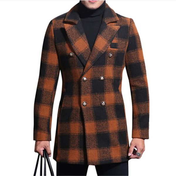 2018 autumn winter double breasted plaid wool coat men long length casual style slim fit fashion orange plaid woolen coat, Black
2018 autumn winter double breasted plaid wool coat men long length casual style slim fit fashion orange plaid woolen coat, Black