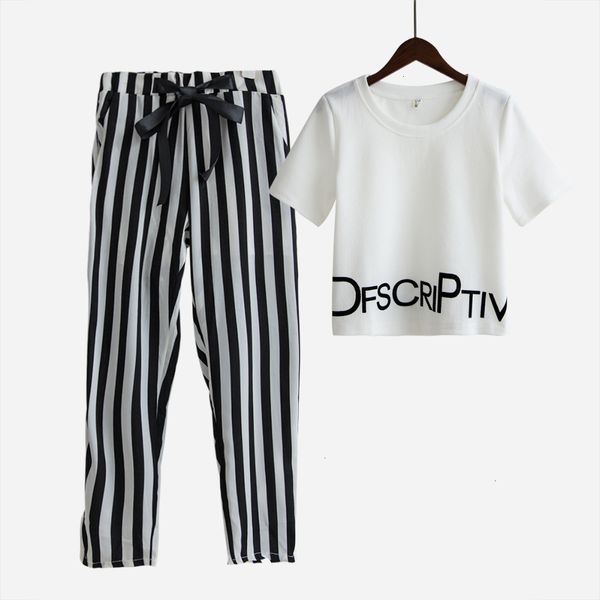 set womens summer white letter printed t shirt cropped 1 2 sleeve striped pants calf length casual tracksuit s65347r
set womens summer white letter printed t shirt cropped 1 2 sleeve striped pants calf length casual tracksuit s65347r
