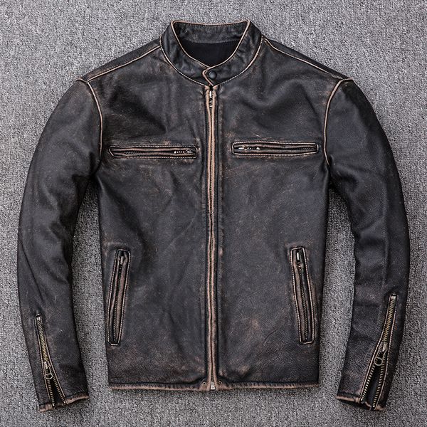 vintage washed stone grinding cowhide genuine leather jacket men retro old stand collar locomotive clothing biker leather coat, Black
vintage washed stone grinding cowhide genuine leather jacket men retro old stand collar locomotive clothing biker leather coat, Black