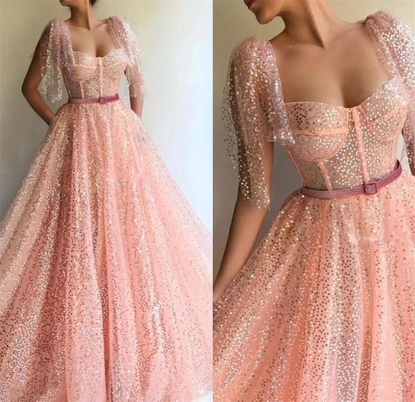 cap sleeves coral pink prom dresses long sparkle sequin formal evening gowns bodic long cocktail party dress, Black
cap sleeves coral pink prom dresses long sparkle sequin formal evening gowns bodic long cocktail party dress, Black