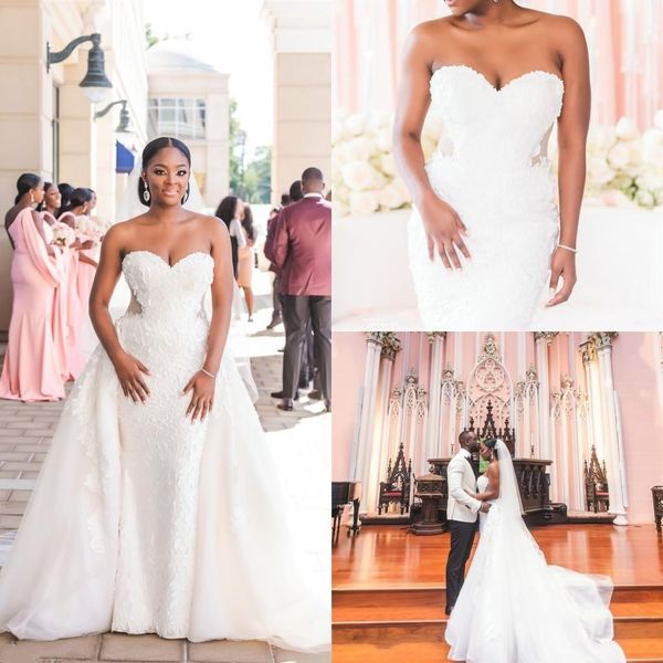 plus size mermaid wedding dresses with detachable train sweetheart lace appliques illusion cutaway sides african bridal gowns robe de mariee, White
plus size mermaid wedding dresses with detachable train sweetheart lace appliques illusion cutaway sides african bridal gowns robe de mariee, White