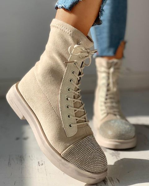 suede studded eyelet lace-up flat boots round toe ankle boots flat shoes, Black