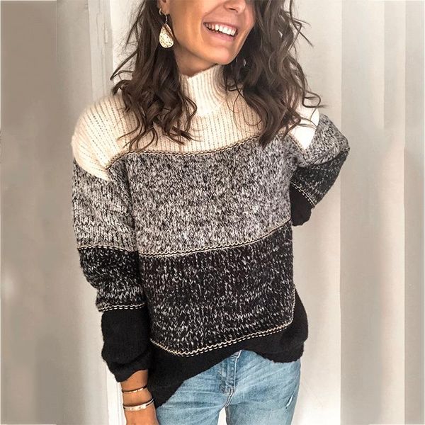 women turtleneck pullover knitted sweater vintage long sleeve striped loose patchwork casual plus size sweater, White;black
women turtleneck pullover knitted sweater vintage long sleeve striped loose patchwork casual plus size sweater, White;black