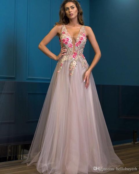 long v neck tulle prom dresses formal embroidery paolo sebastian 2019 new elie saab elegant party evening gowns, Black
long v neck tulle prom dresses formal embroidery paolo sebastian 2019 new elie saab elegant party evening gowns, Black