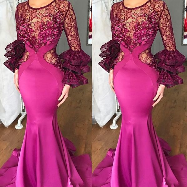 gorgeous jewel neck lace illusion fuchsia mermaid evening dresses ruched long sleeve appliques beads sweep train formal party gowns, Black;red
gorgeous jewel neck lace illusion fuchsia mermaid evening dresses ruched long sleeve appliques beads sweep train formal party gowns, Black;red