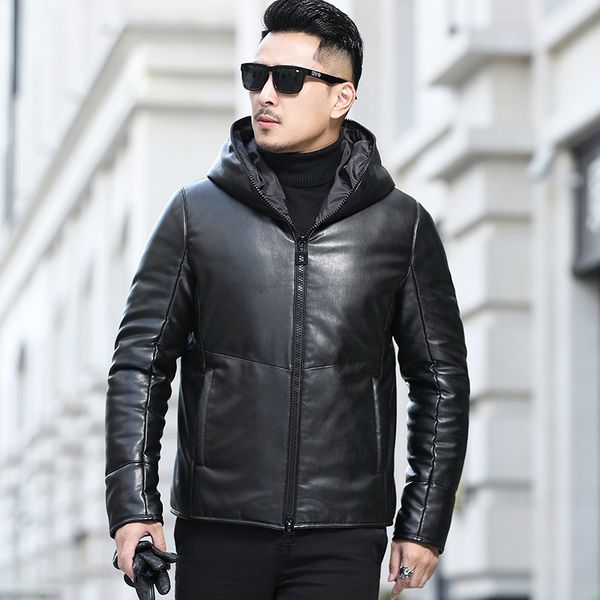 men's short hooded korean slim sheepskin leather down jacket winter down coat parkas snow outerwear white duck down padded, Black
men's short hooded korean slim sheepskin leather down jacket winter down coat parkas snow outerwear white duck down padded, Black