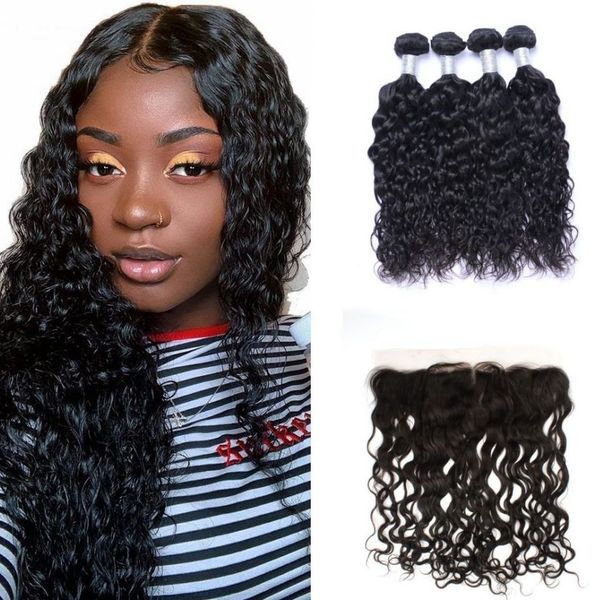 13x4 lace frontal with 4 bundles brazilian water wave virgin human hair extensions with ear to ear closure, Black;brown
13x4 lace frontal with 4 bundles brazilian water wave virgin human hair extensions with ear to ear closure, Black;brown