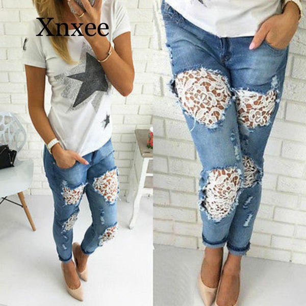 women's jeans spring lace stitching denim ripped with holes jean crochet trousers summer destroyed women pants korean, Blue
women's jeans spring lace stitching denim ripped with holes jean crochet trousers summer destroyed women pants korean, Blue