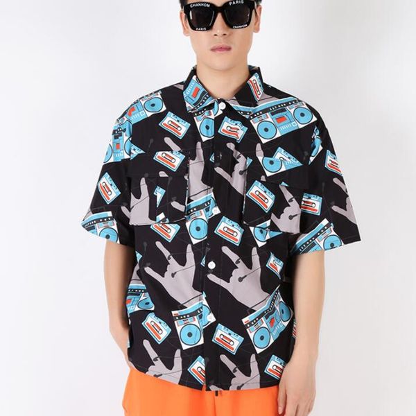 men's casual shirts fashion shirt men short sleeve teenage korean vintage loose recorder print mens personality stage singer dance b631, White;black
men's casual shirts fashion shirt men short sleeve teenage korean vintage loose recorder print mens personality stage singer dance b631, White;black