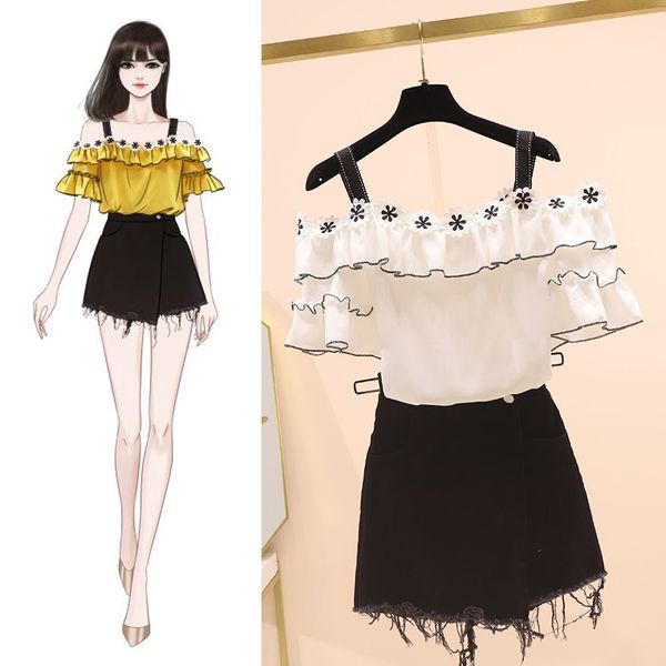 2020 summer two piece strap flare sleeve slash neck lace ruffles cute chiffon blouse black shorts women's sets, White
2020 summer two piece strap flare sleeve slash neck lace ruffles cute chiffon blouse black shorts women's sets, White