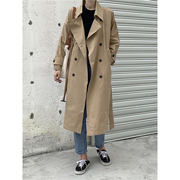 women's trench coats korean stylish loose elegant slim mid-long women coat with sash lapel double breasted oversize thin ladies outwear, Tan;black
women's trench coats korean stylish loose elegant slim mid-long women coat with sash lapel double breasted oversize thin ladies outwear, Tan;black